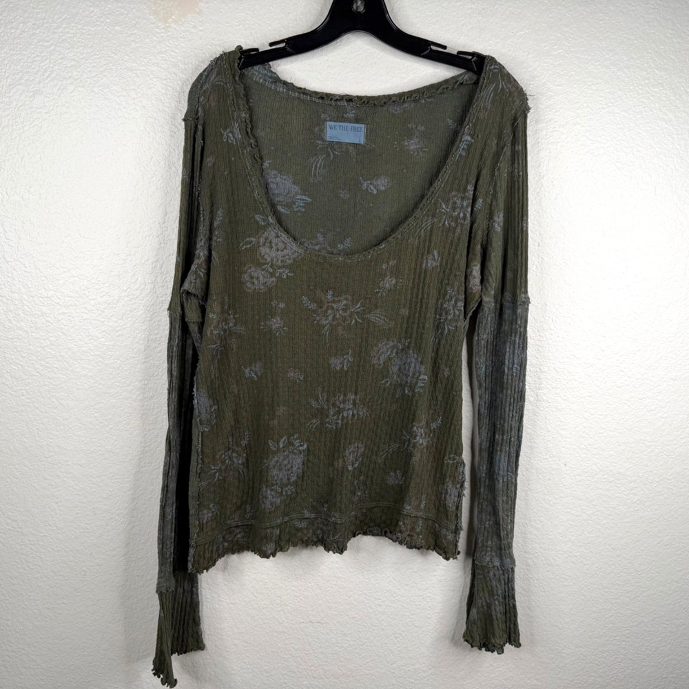 Free People We The Free Women's Clover Printed Thermal Y2K Floral Top Green Sz L